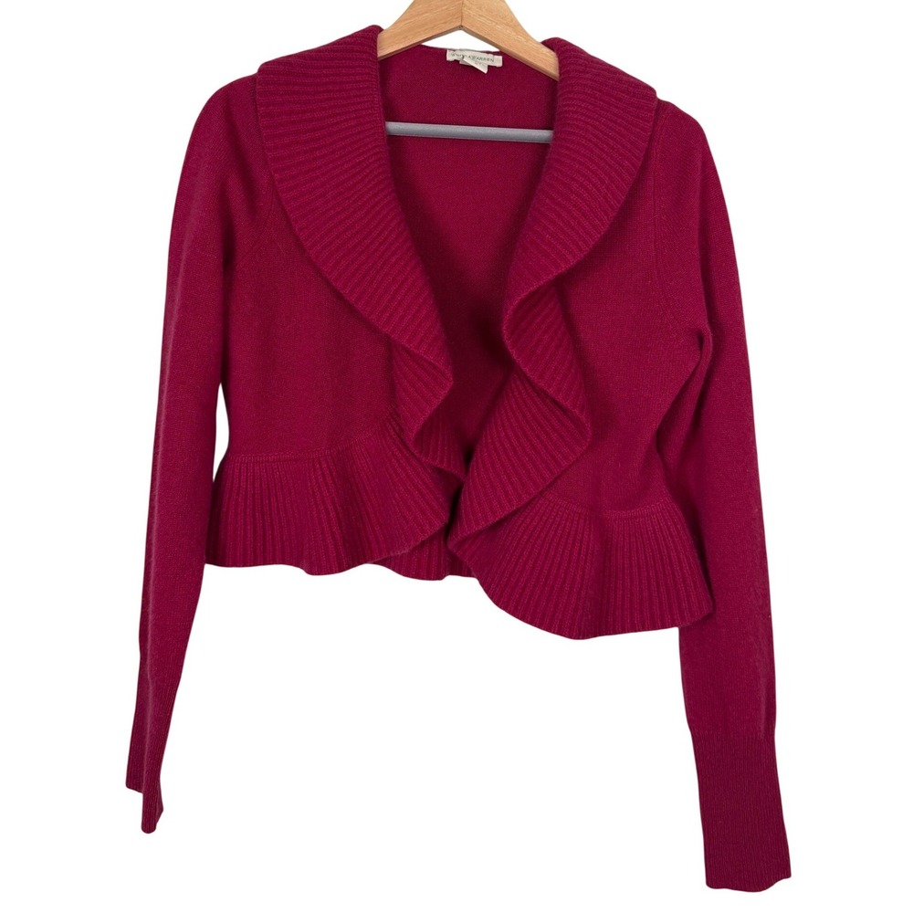 White + Warren 100% Cashmere Ruffle Trim Open Front Cardigan Fuchsia Pink Small